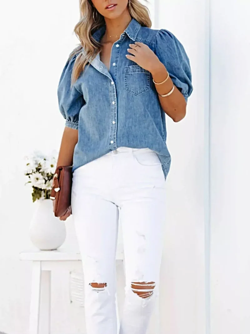 Stijlvolle denim top met pofmouwen, knoopsluiting aan de voorkant en zakken – Trendy casual kleding