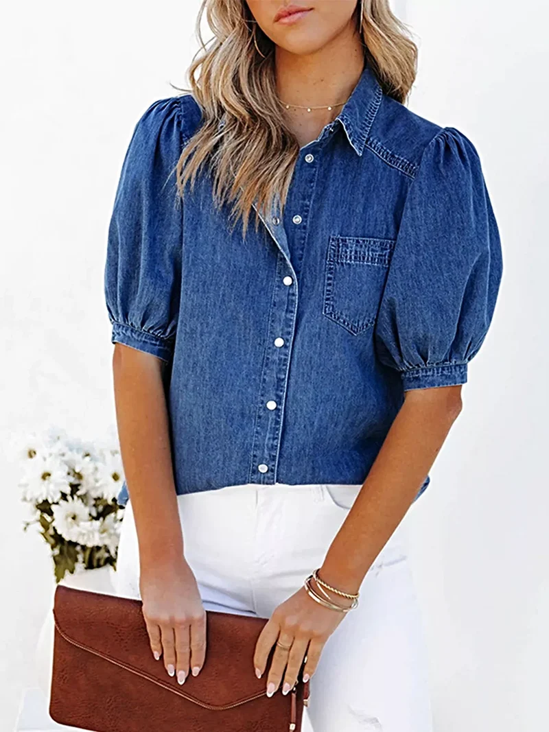 Stijlvolle denim top met pofmouwen, knoopsluiting aan de voorkant en zakken – Trendy casual kleding