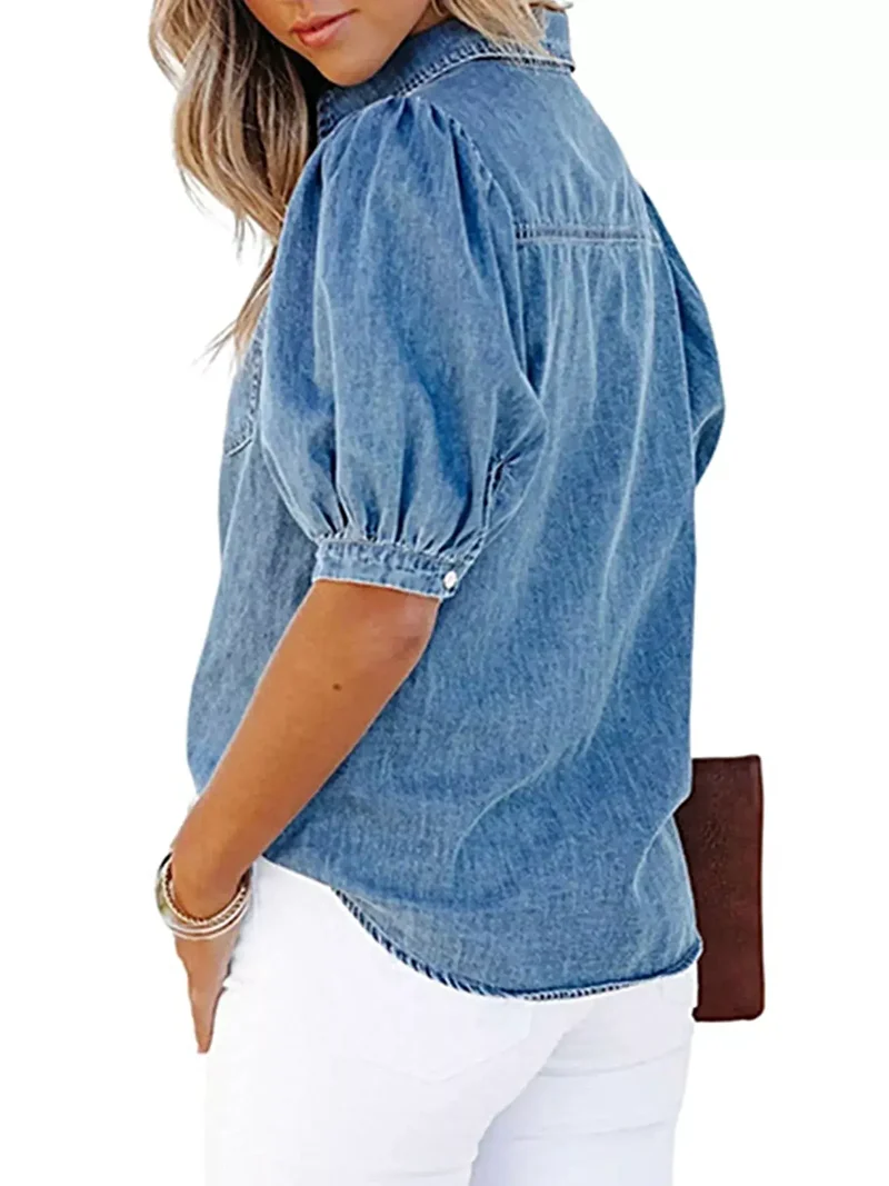 Stijlvolle denim top met pofmouwen, knoopsluiting aan de voorkant en zakken – Trendy casual kleding