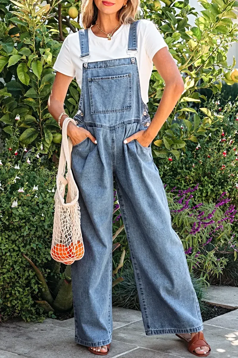 Elegante retro jumpsuit met zakken en geplooide wijde pijpen - Chique denim mode voor dames