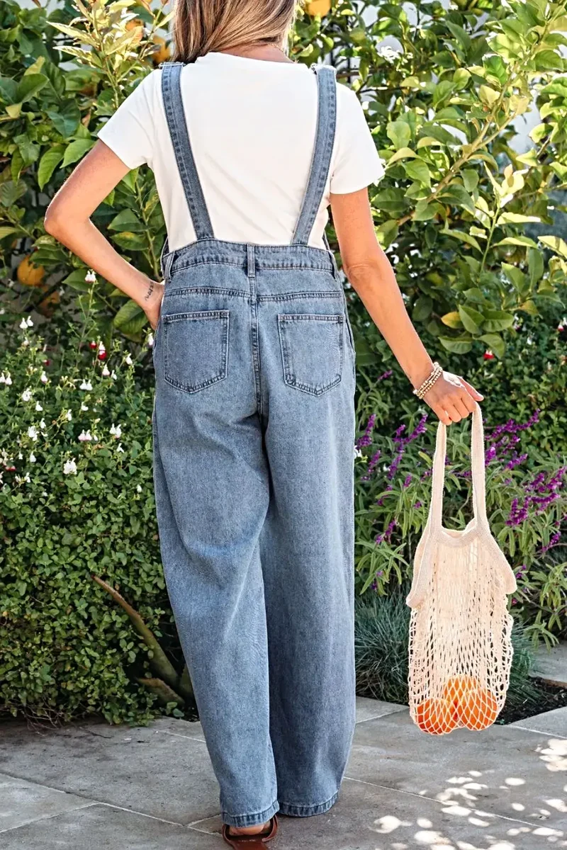 Elegante retro jumpsuit met zakken en geplooide wijde pijpen - Chique denim mode voor dames