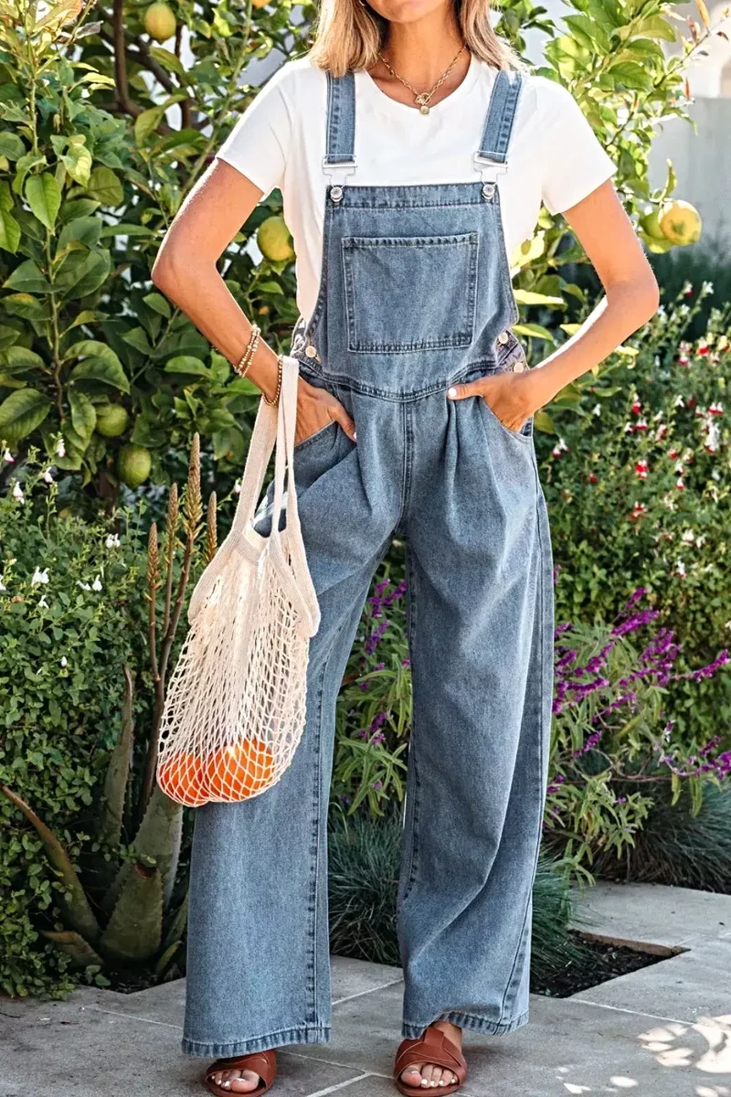 Elegante retro jumpsuit met zakken en geplooide wijde pijpen - Chique denim mode voor dames