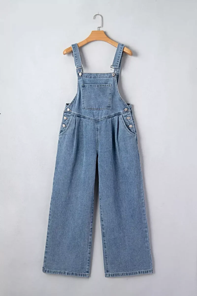 Elegante retro jumpsuit met zakken en geplooide wijde pijpen - Chique denim mode voor dames