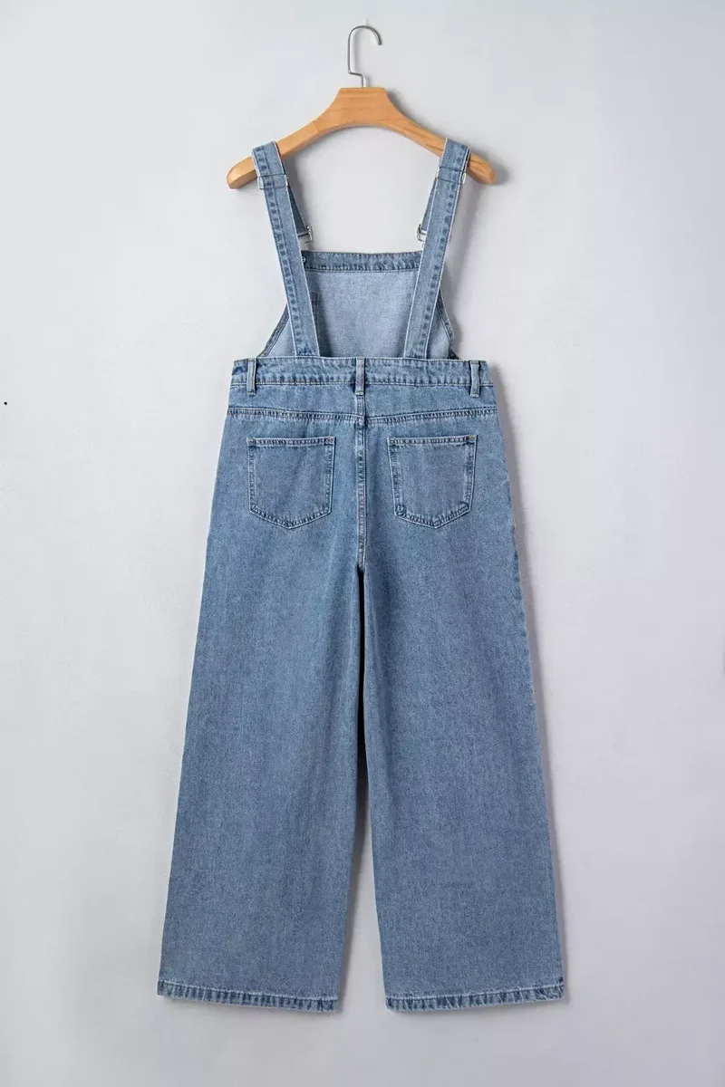Elegante retro jumpsuit met zakken en geplooide wijde pijpen - Chique denim mode voor dames