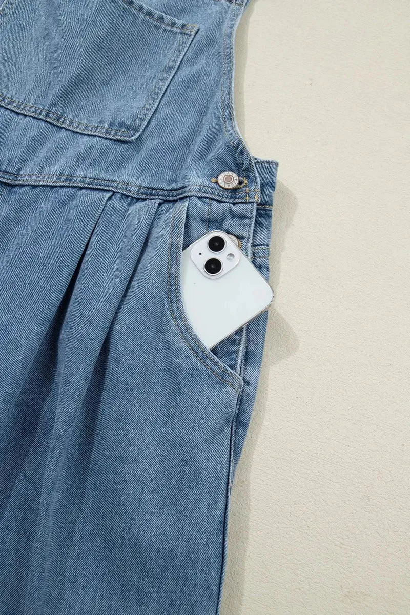 Elegante retro jumpsuit met zakken en geplooide wijde pijpen - Chique denim mode voor dames