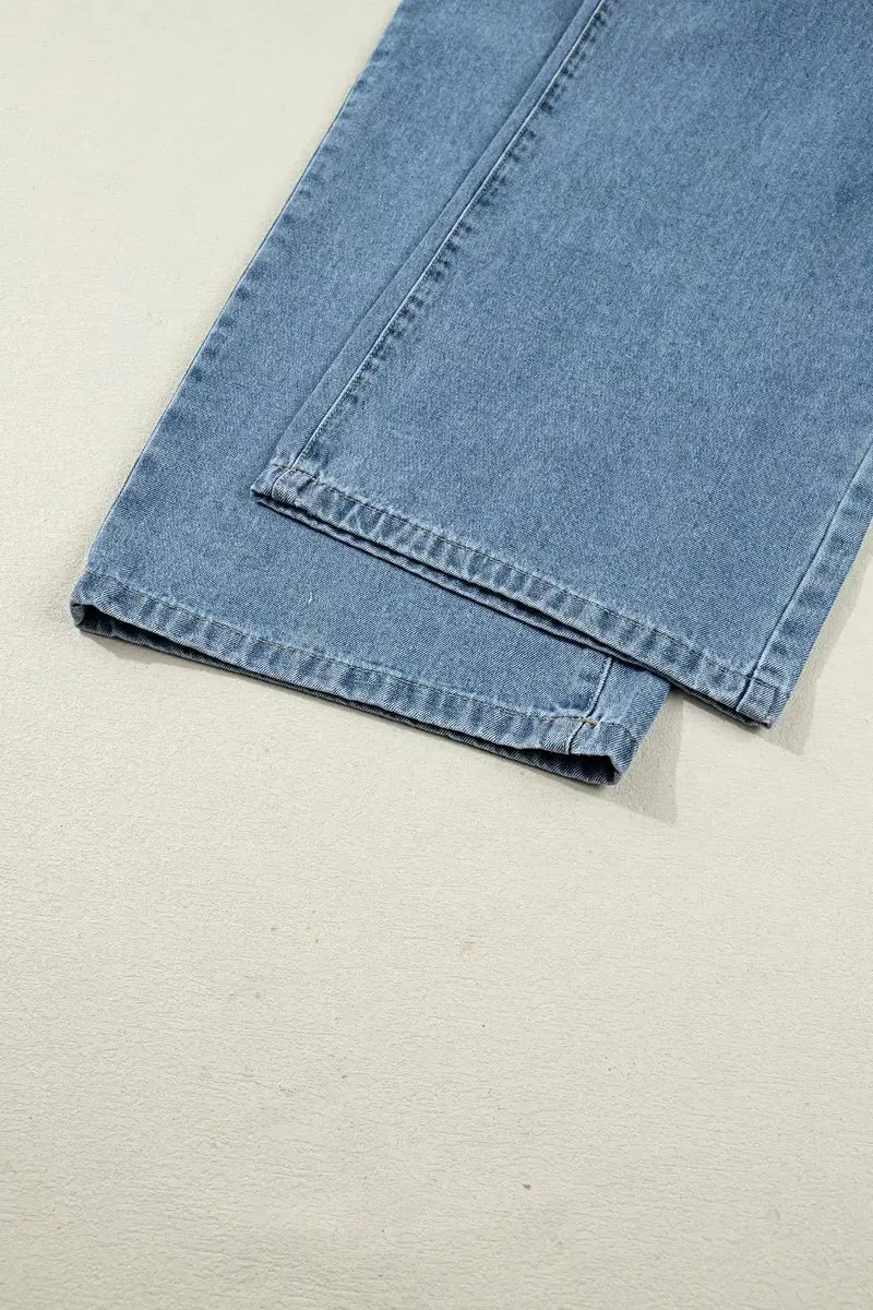 Elegante retro jumpsuit met zakken en geplooide wijde pijpen - Chique denim mode voor dames
