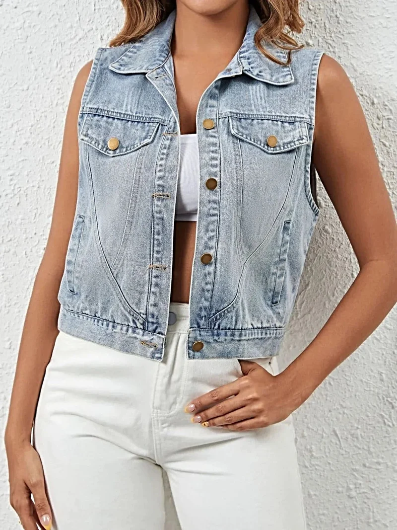 Chique mouwloos denimjack met knoopdetails en zakken – 95% rayon, 5% polyester