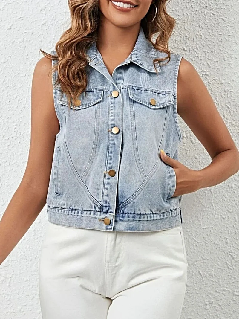 Chique mouwloos denimjack met knoopdetails en zakken – 95% rayon, 5% polyester