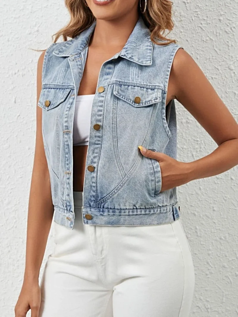 Chique mouwloos denimjack met knoopdetails en zakken – 95% rayon, 5% polyester