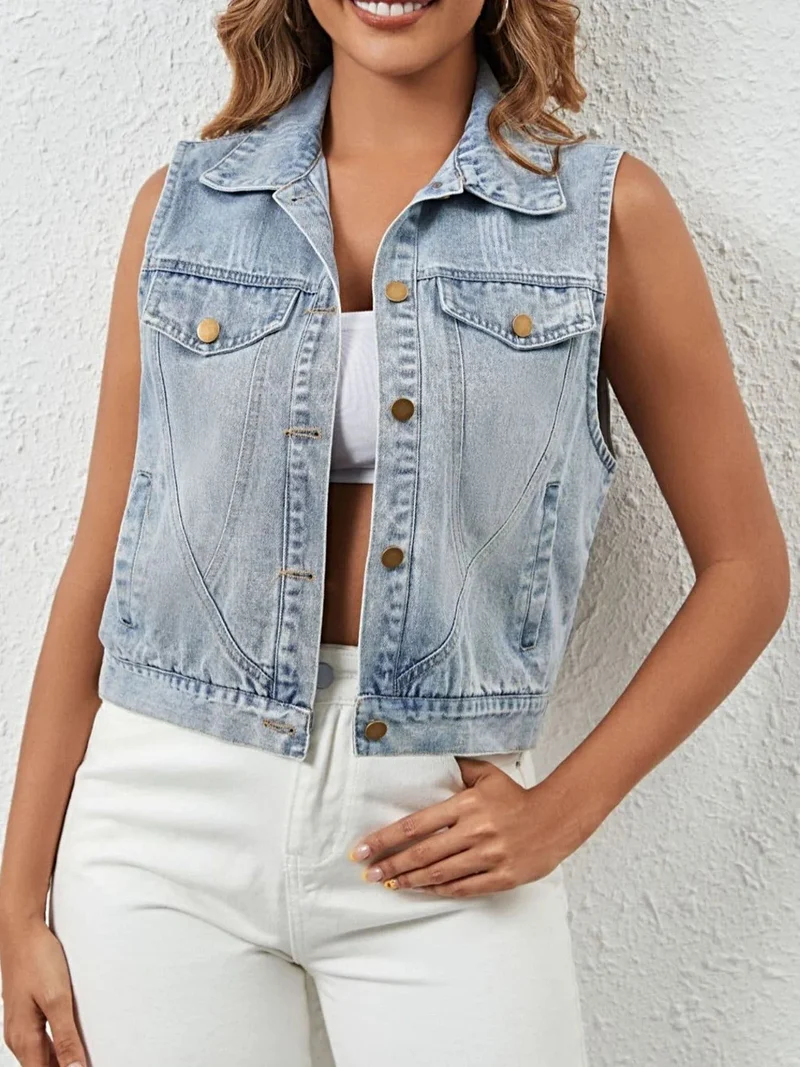 Chique mouwloos denimjack met knoopdetails en zakken – 95% rayon, 5% polyester