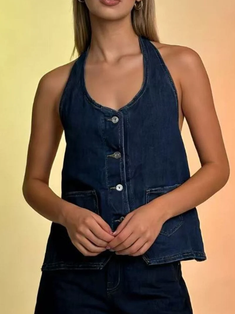 Haltertop van denim met knoopsluiting en zakken - Trendy Fashion Vest