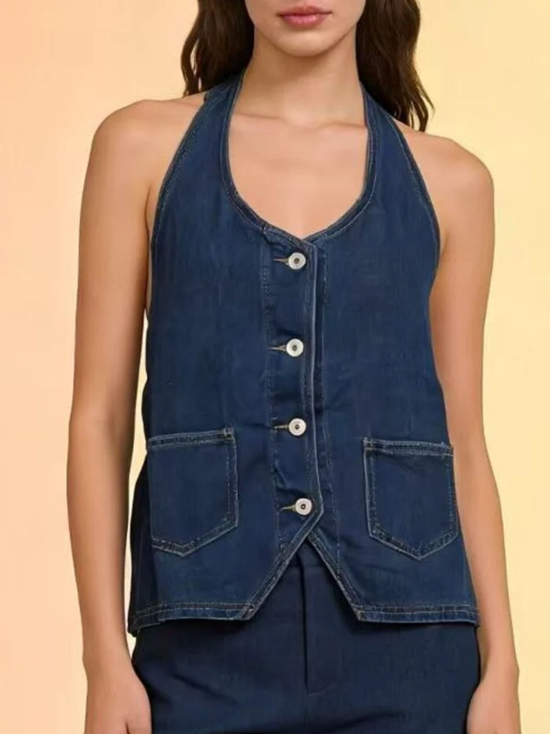 Haltertop van denim met knoopsluiting en zakken - Trendy Fashion Vest