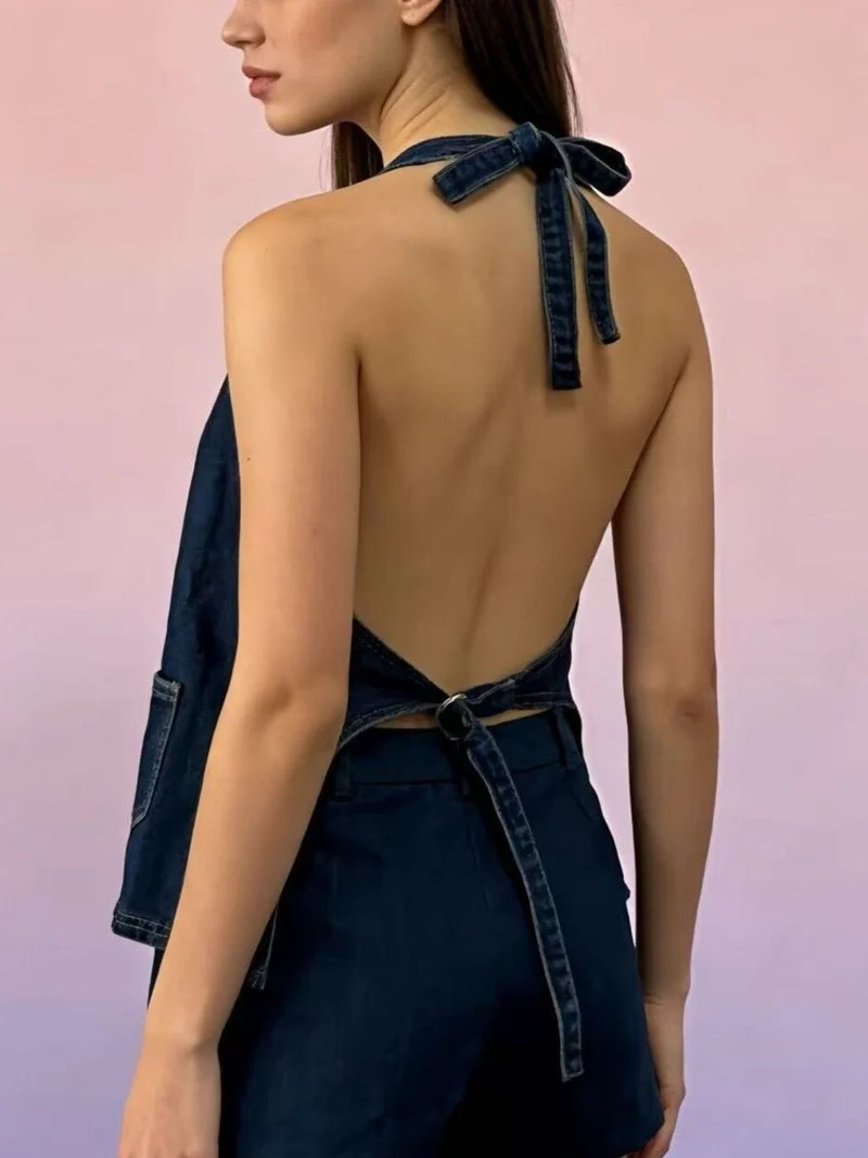Haltertop van denim met knoopsluiting en zakken - Trendy Fashion Vest