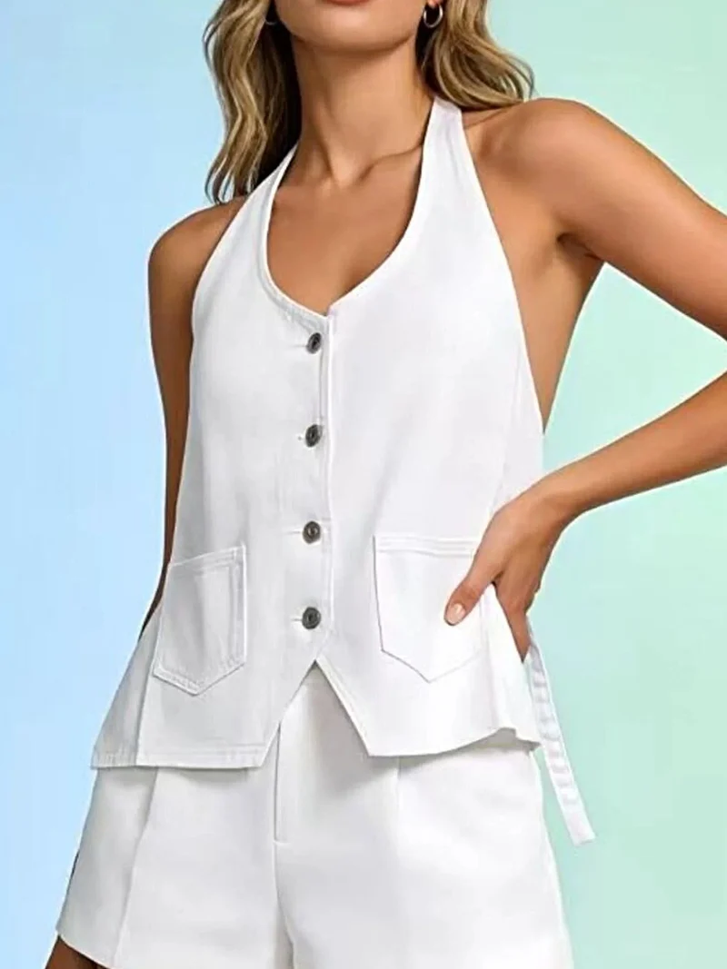 Haltertop van denim met knoopsluiting en zakken - Trendy Fashion Vest