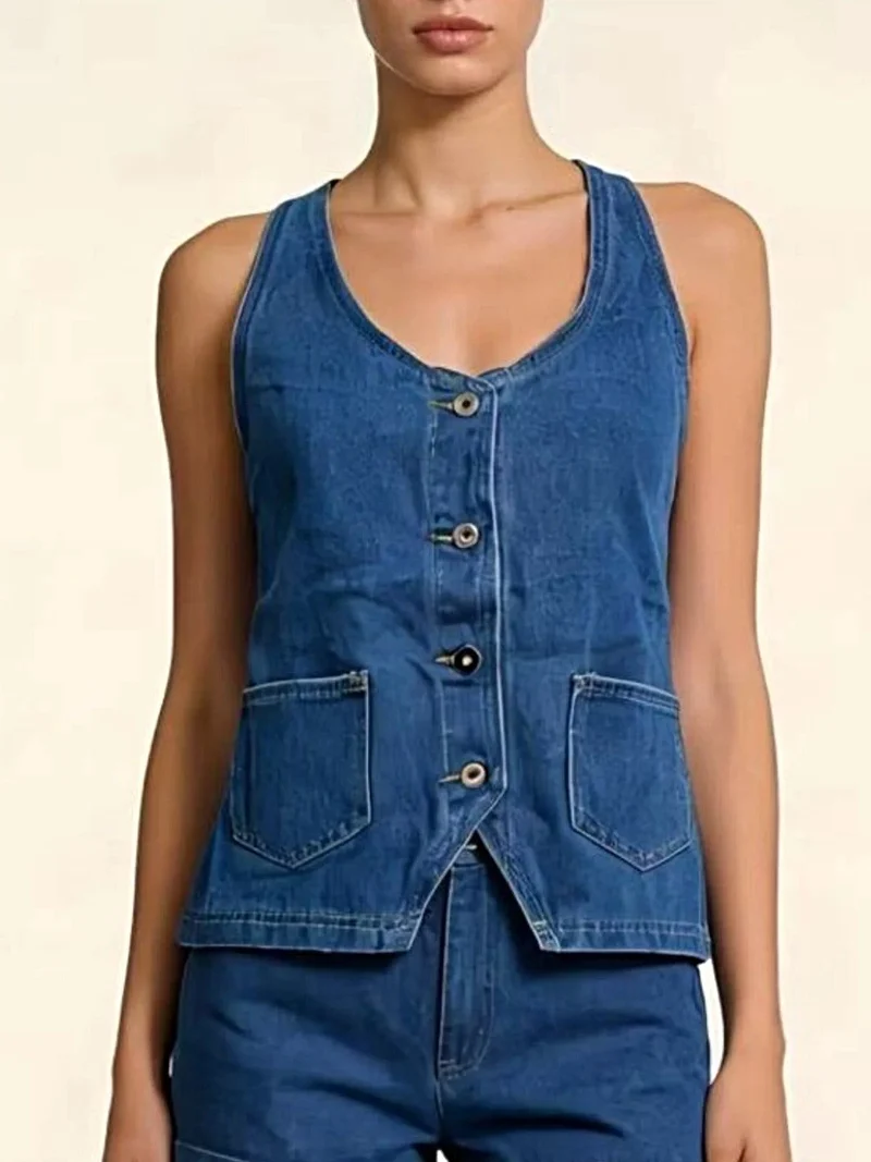 Haltertop van denim met knoopsluiting en zakken - Trendy Fashion Vest