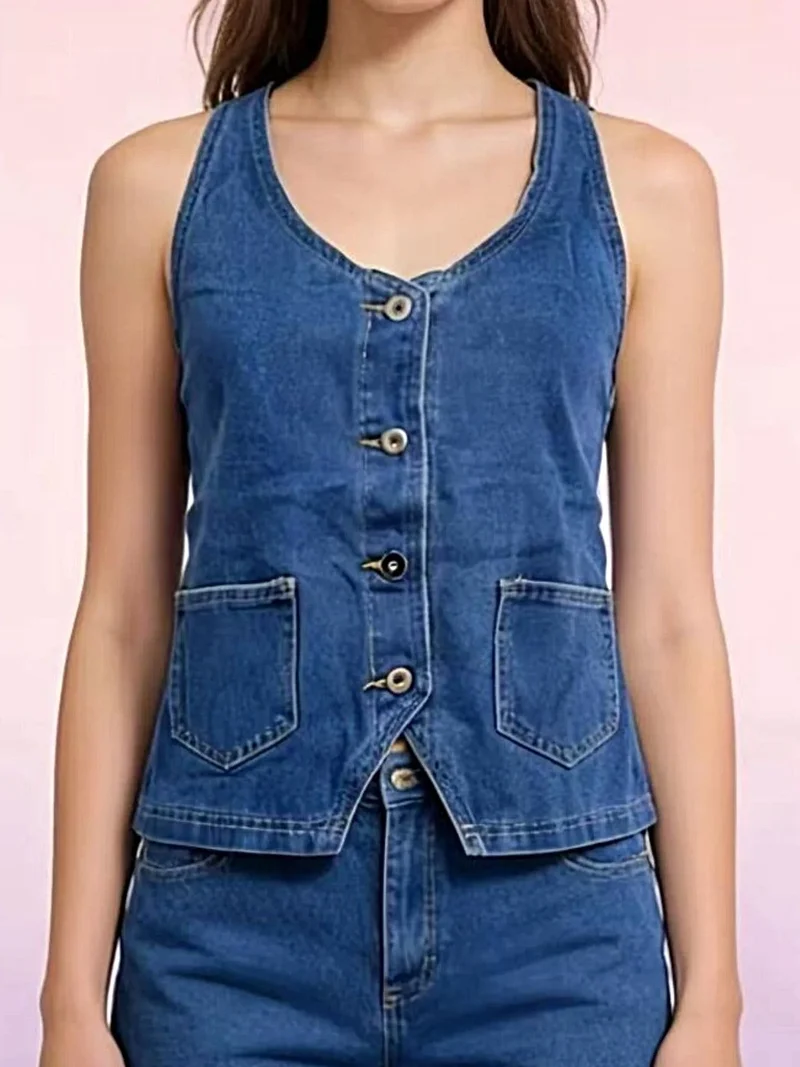 Haltertop van denim met knoopsluiting en zakken - Trendy Fashion Vest