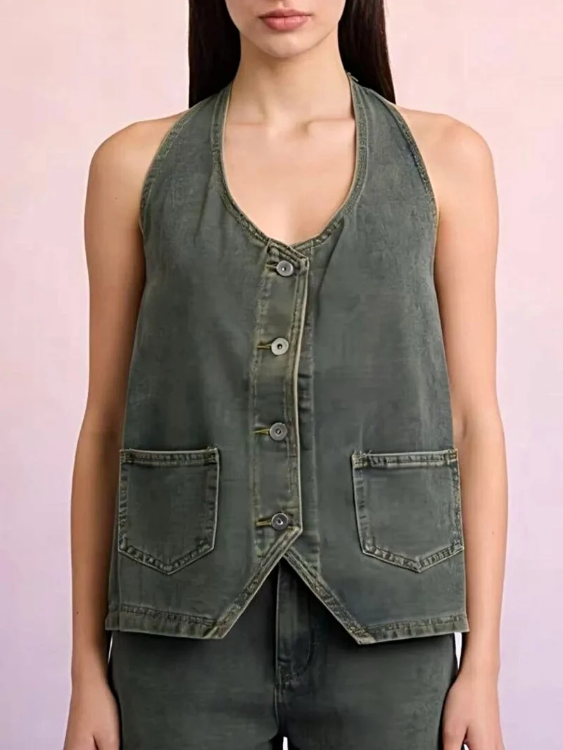 Haltertop van denim met knoopsluiting en zakken - Trendy Fashion Vest