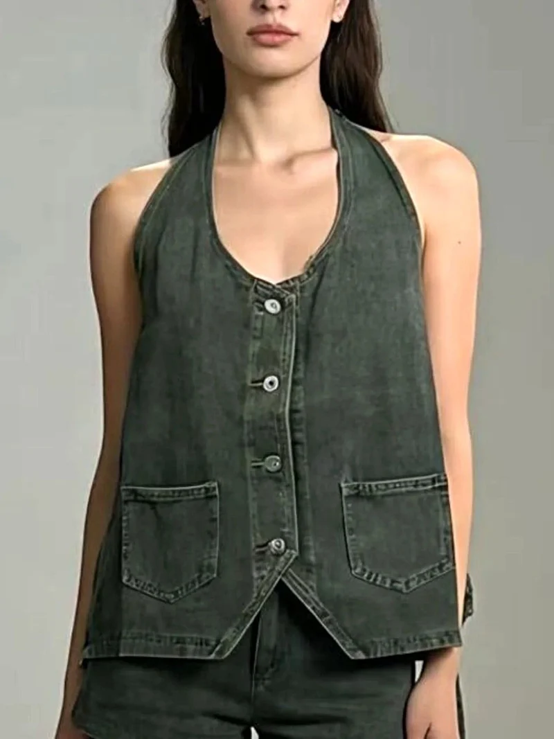 Haltertop van denim met knoopsluiting en zakken - Trendy Fashion Vest