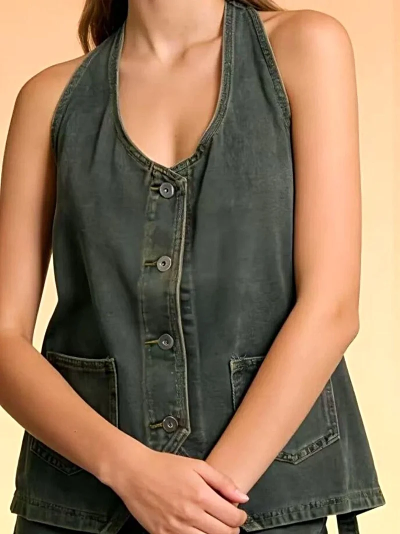 Haltertop van denim met knoopsluiting en zakken - Trendy Fashion Vest