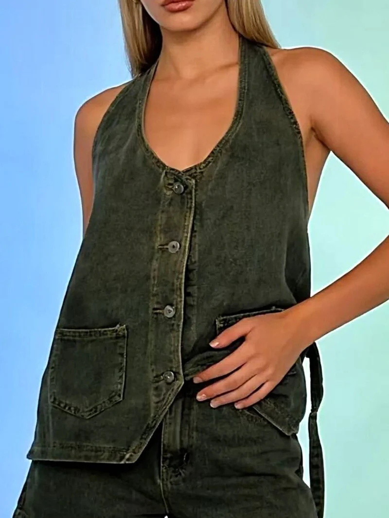 Haltertop van denim met knoopsluiting en zakken - Trendy Fashion Vest
