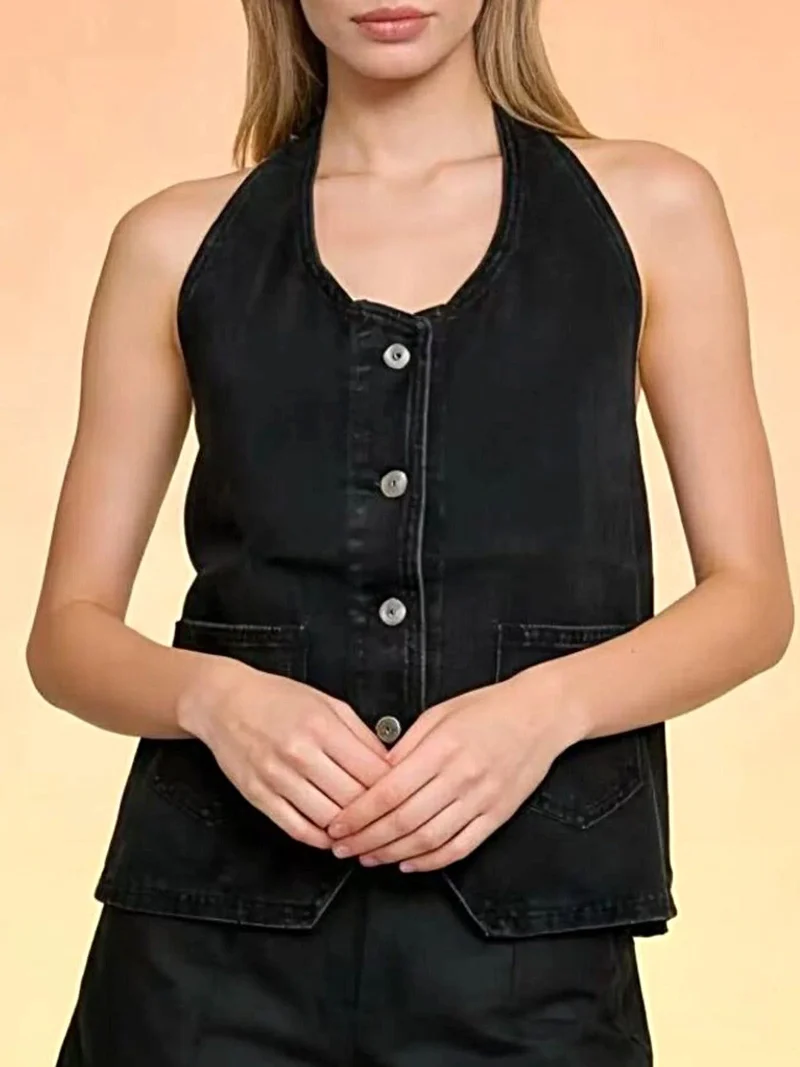 Haltertop van denim met knoopsluiting en zakken - Trendy Fashion Vest