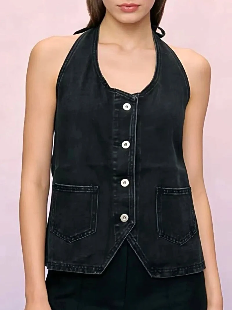Haltertop van denim met knoopsluiting en zakken - Trendy Fashion Vest