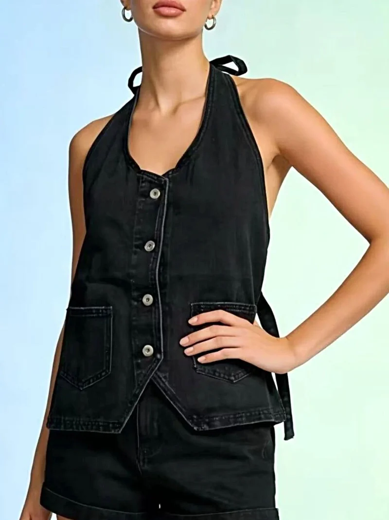 Haltertop van denim met knoopsluiting en zakken - Trendy Fashion Vest
