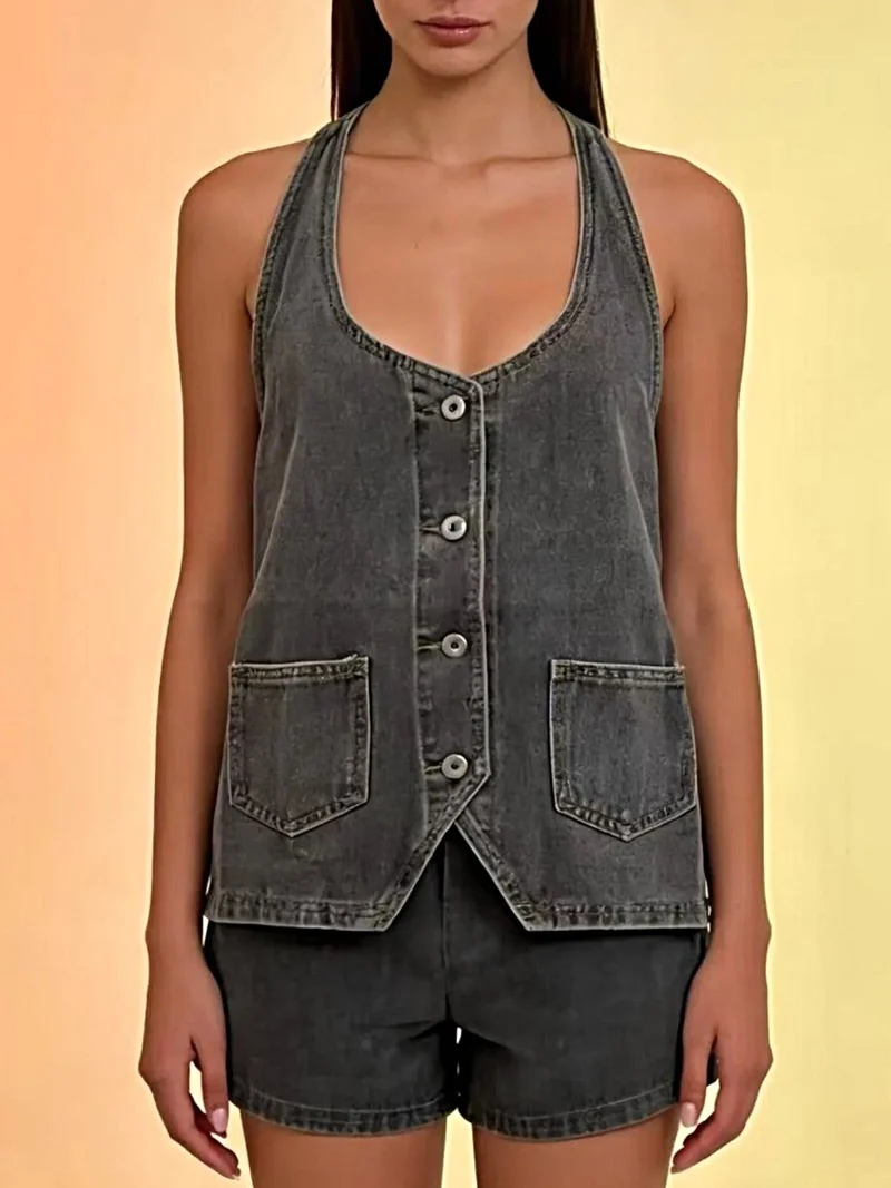 Haltertop van denim met knoopsluiting en zakken - Trendy Fashion Vest