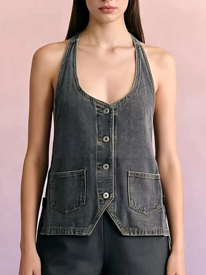 Haltertop van denim met knoopsluiting en zakken - Trendy Fashion Vest