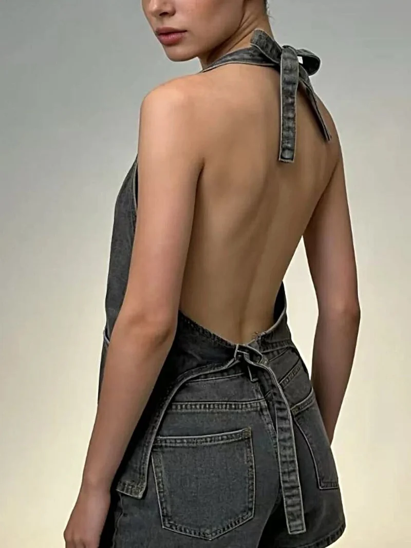 Haltertop van denim met knoopsluiting en zakken - Trendy Fashion Vest