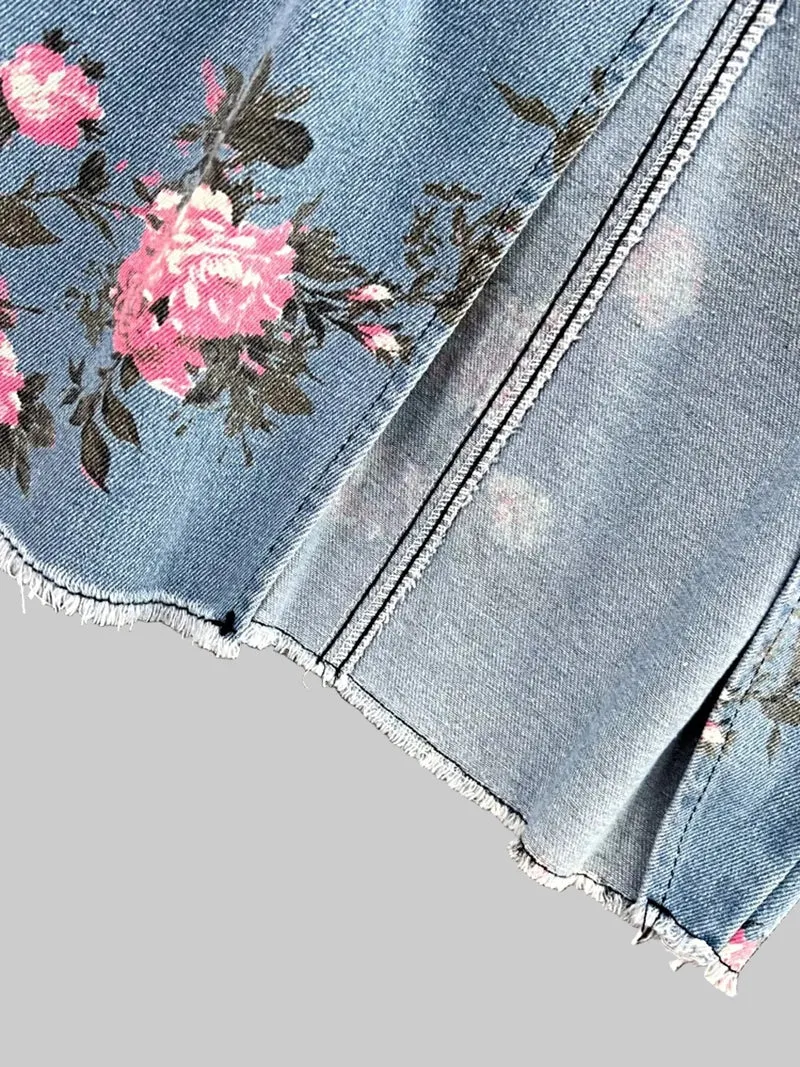 Topje en rok met bloemenprint en sweetheart-halslijn, bestaande uit een set van denim en een topje.
