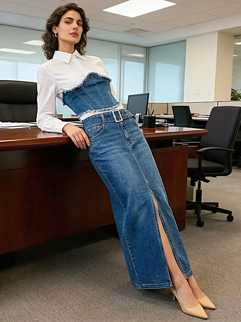 Trendsi top van denim met gerafelde details en patchwork, gecombineerd met een maxi-rok met split - tweedelige denim outfit