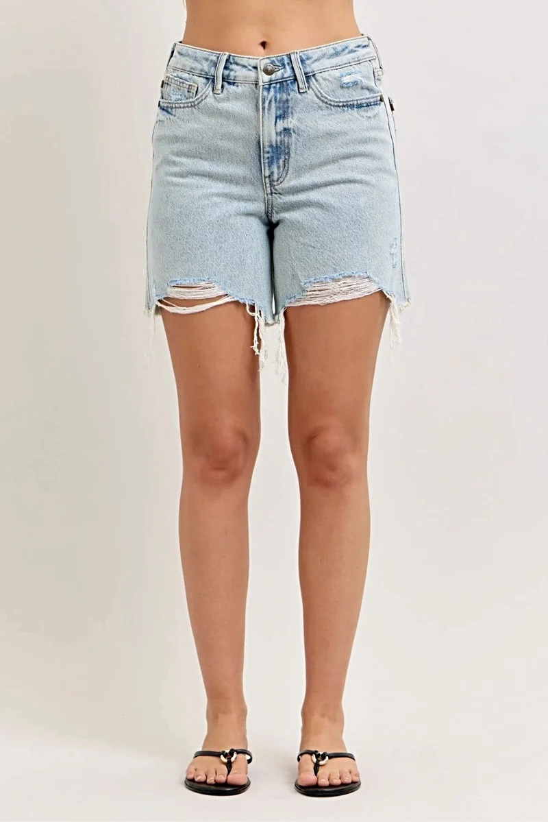 Judy Blue denim shorts met hoge taille, telefoonzakjes en gerafelde zoom