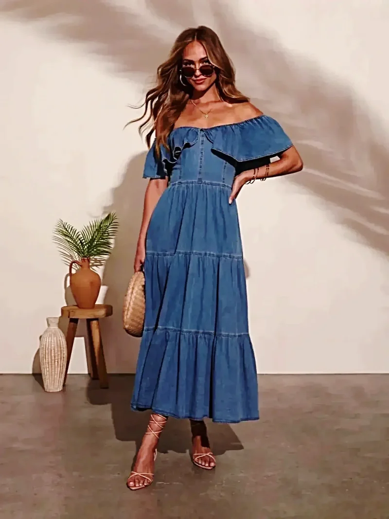 Off-shoulder denim jurk met ruches en zakken - elegante zomermode