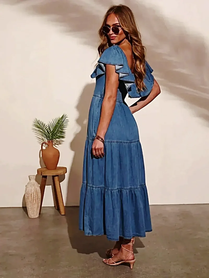 Off-shoulder denim jurk met ruches en zakken - elegante zomermode