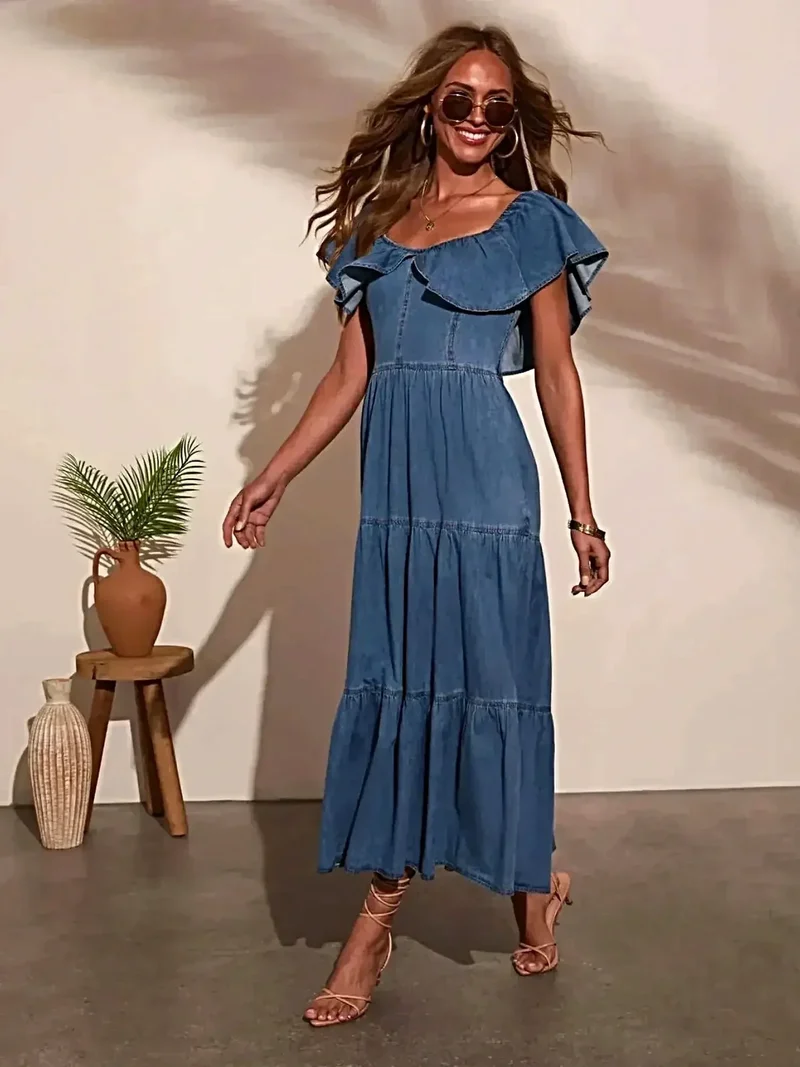 Off-shoulder denim jurk met ruches en zakken - elegante zomermode