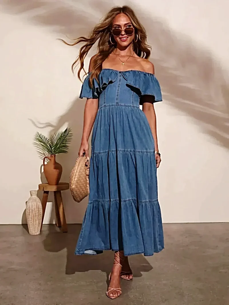 Off-shoulder denim jurk met ruches en zakken - elegante zomermode
