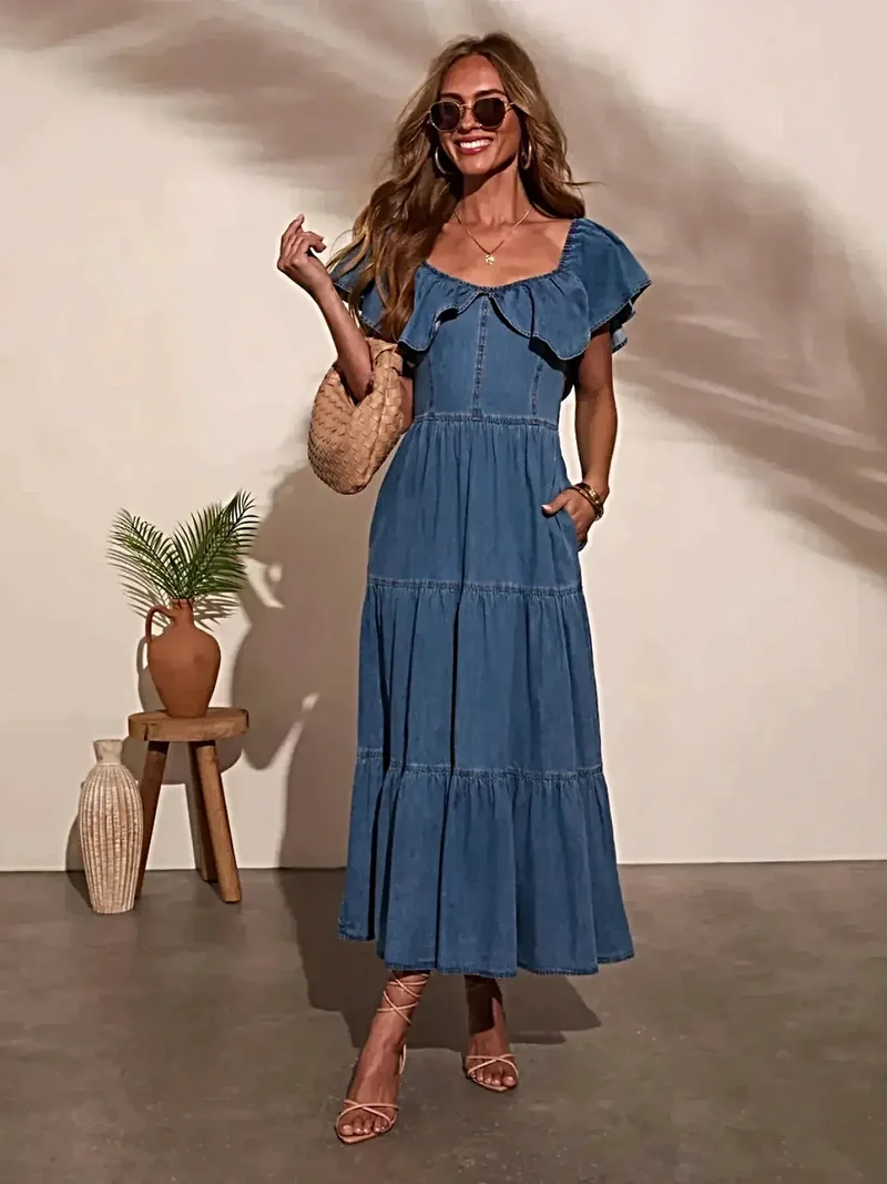 Off-shoulder denim jurk met ruches en zakken - elegante zomermode