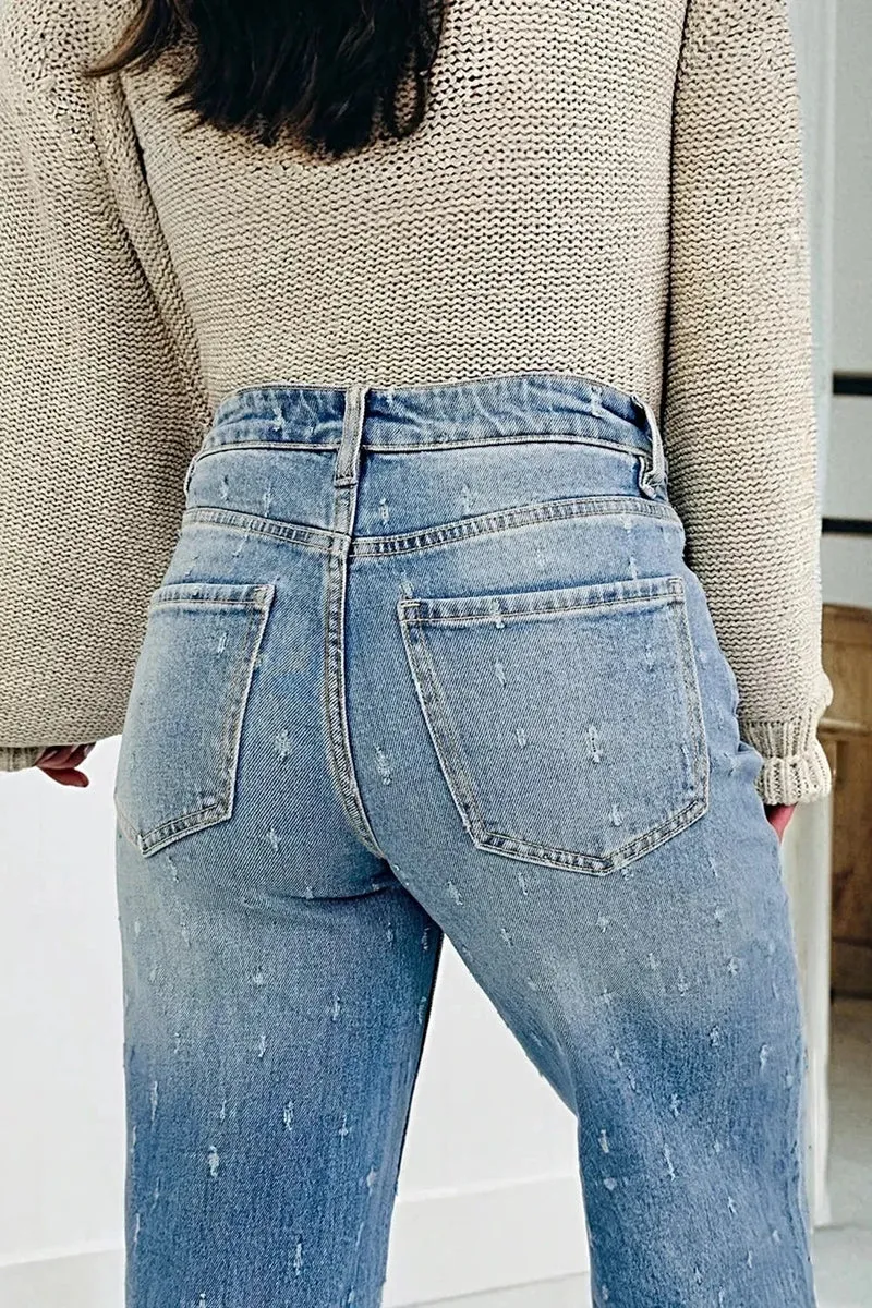 Stijlvolle jeans met een verwassen look, buikcorrigerend effect, rafelige zoom en functionele zakken.