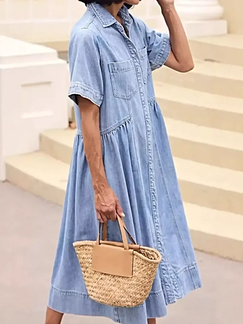 Plus size midi-jurk met knoopsluiting aan de voorkant en zakken - elegante denimstijl voor elke gelegenheid