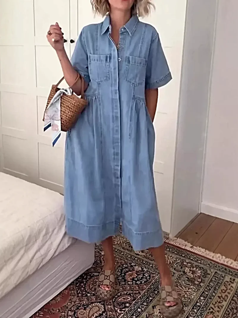 Plus size midi-jurk met knoopsluiting aan de voorkant en zakken - elegante denimstijl voor elke gelegenheid