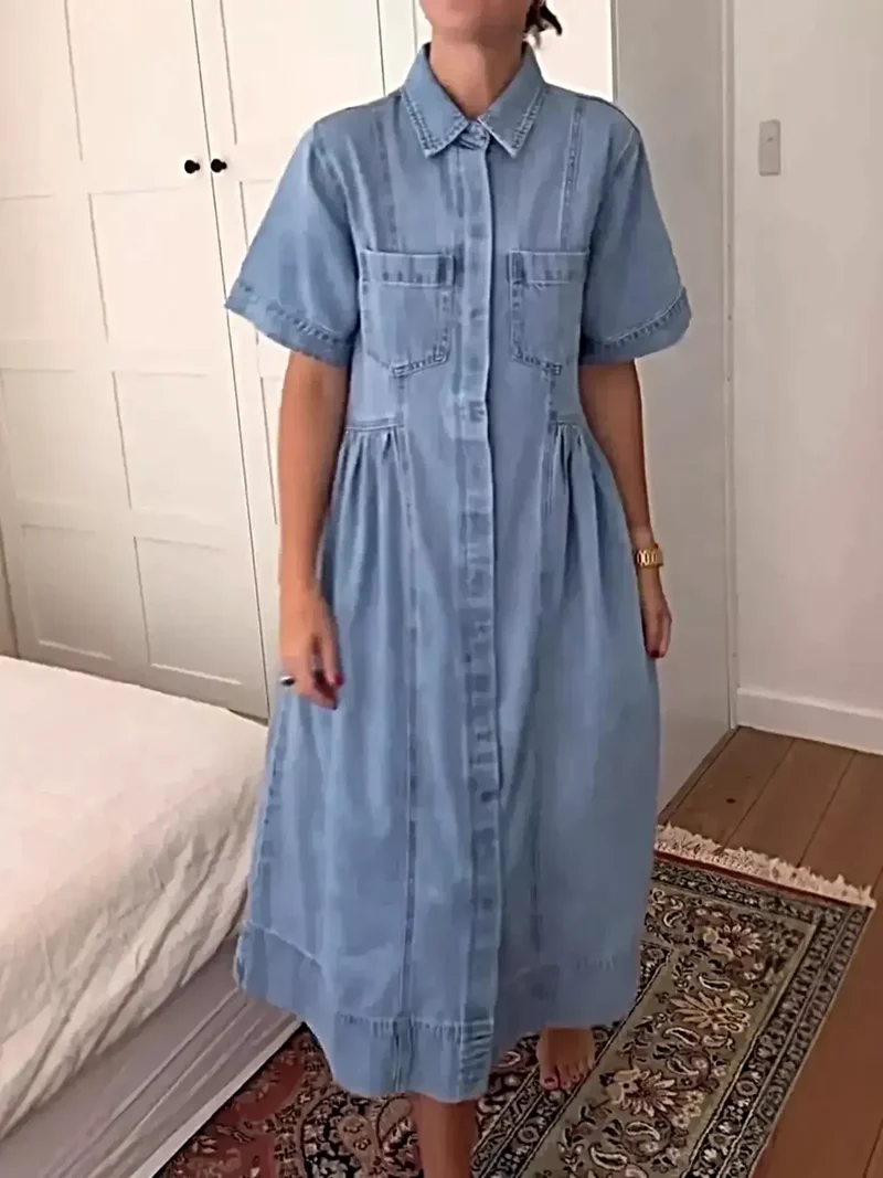 Plus size midi-jurk met knoopsluiting aan de voorkant en zakken - elegante denimstijl voor elke gelegenheid