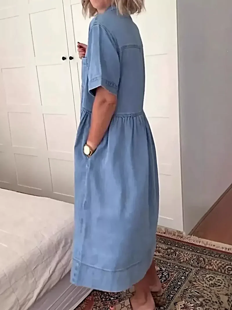 Plus size midi-jurk met knoopsluiting aan de voorkant en zakken - elegante denimstijl voor elke gelegenheid