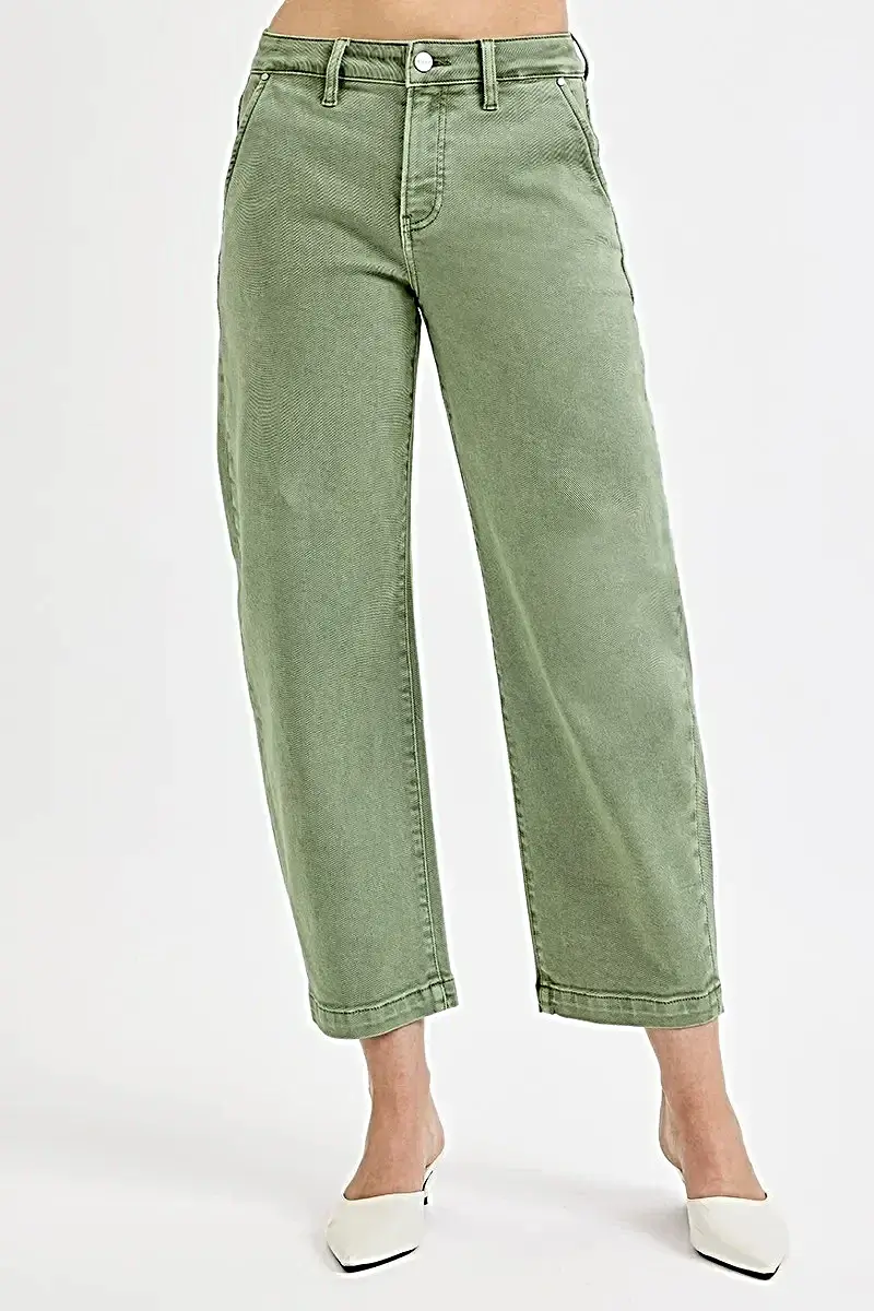Plus Size RISEN Tummy Control Jeans - High Rise Crop Barrel Style in Olive Green Wash