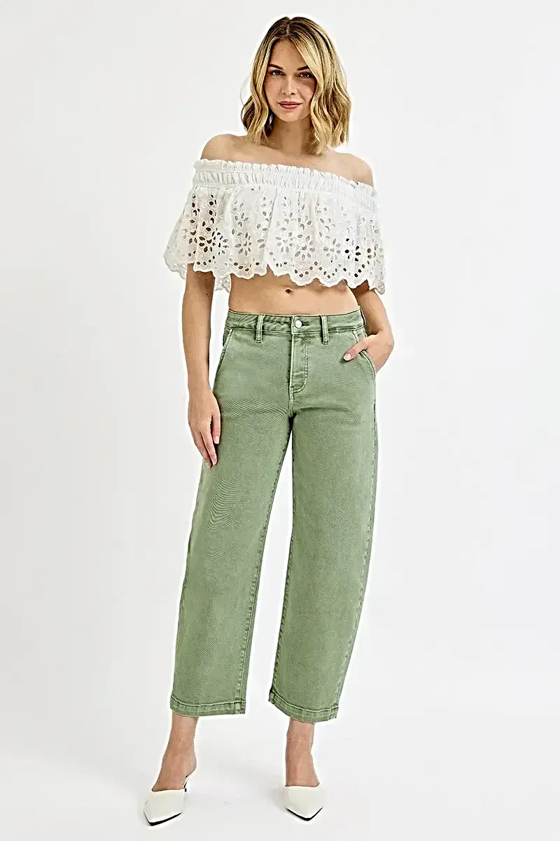 Plus Size RISEN Tummy Control Jeans - High Rise Crop Barrel Style in Olive Green Wash