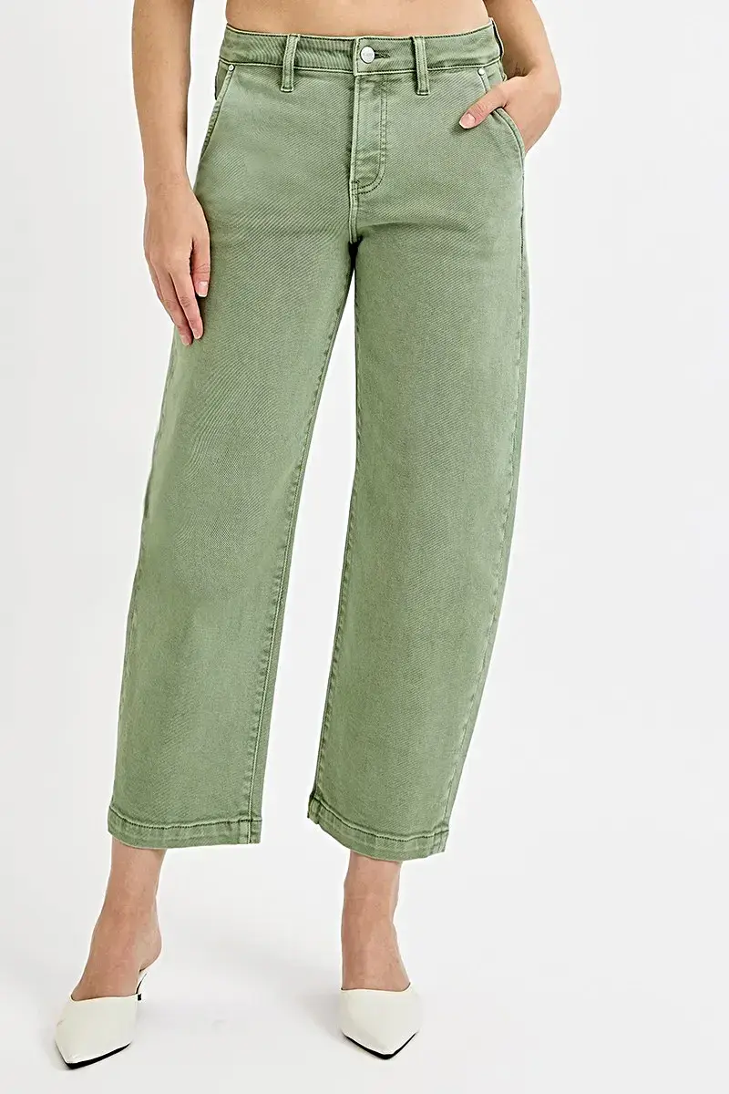 Plus Size RISEN Tummy Control Jeans - High Rise Crop Barrel Style in Olive Green Wash