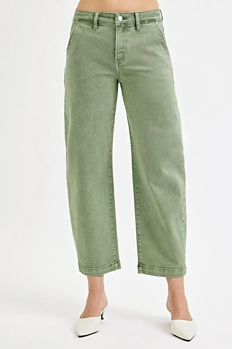 Plus Size RISEN Tummy Control Jeans - High Rise Crop Barrel Style in Olive Green Wash