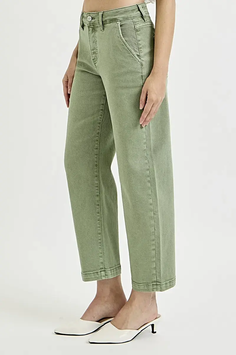 Plus Size RISEN Tummy Control Jeans - High Rise Crop Barrel Style in Olive Green Wash