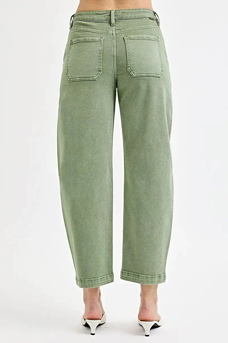 Plus Size RISEN Tummy Control Jeans - High Rise Crop Barrel Style in Olive Green Wash