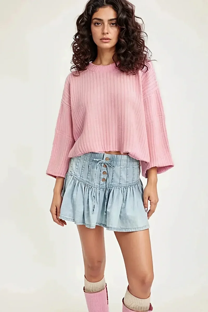 Stijlvol denim minirokje met ruches en knoopjes - comfortabele mix van 70% katoen